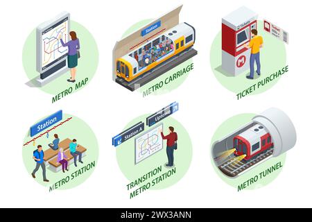 Subway-Elemente des isometrischen Sets. Drehkreuz-Ticket-Check, Eingang zur Metro, Eskalator, Ticketkauf, U-Bahn-Kutsche, U-Bahn-Station, U-Bahn-Station Stock Vektor
