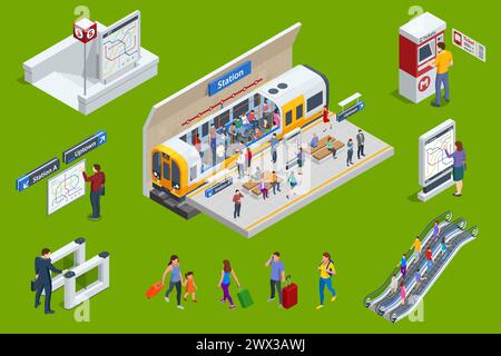 Subway-Elemente des isometrischen Sets. Drehkreuz-Ticket-Check, Eingang zur Metro, Eskalator, Ticketkauf, U-Bahn-Kutsche, U-Bahn-Station, U-Bahn-Station Stock Vektor