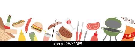 Banner mit Elementen für die Grillparty. Grill, Wurst, Chips, Zange, Picknickkorb, Steak auf weißem Hintergrund. Flach- oder Karikaturvektor horizontal Abb. Stock Vektor
