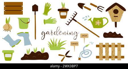Gartenwerkzeuge. Vector Flat Collection von Spring Garden Equipment und Pflanzen. Rechen, Spaten, Blumentopf, Gummistiefel und -Handschuhe, Blumenzwiebeln. Desi Stock Vektor