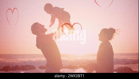 Bild von Herzen, die über die kaukasische Familie am Strand fallen. Mode- und Lifestyle-Konzept digital generiertes Bild. Stockfoto
