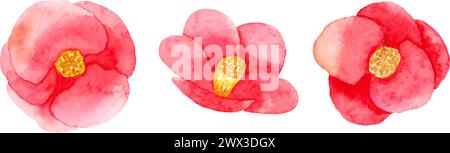 Camellia japonica mit roten Doppelblumen. Botanische Aquarellillustration. Einfacher Stil. Set mit dekorativen Elementen für eine Grußkarte oder Stock Vektor