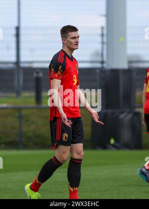 Tubize, Belgien. März 2024. Gerard Vandeplas (9) aus Belgien, dargestellt während eines Freundschaftsspiels zwischen den belgischen U18-Nationalmannschaften und Wales am Montag, den 25. März 2024 in Tubize, Belgien. Quelle: Sportpix/Alamy Live News Stockfoto