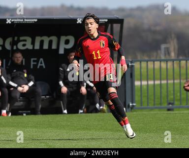 Tubize, Belgien. März 2024. Rayane Bounida (11) aus Belgien, dargestellt während eines Freundschaftsspiels zwischen den belgischen und walisischen U18-Nationalmannschaften am Montag, den 25. März 2024 in Tubize, Belgien. Quelle: Sportpix/Alamy Live News Stockfoto