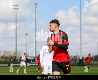 Tubize, Belgien. März 2024. Cedric Nuozzi (7) aus Belgien, dargestellt während eines Freundschaftsspiels zwischen den belgischen und walisischen U18-Nationalmannschaften am Montag, den 25. März 2024 in Tubize, Belgien. Quelle: Sportpix/Alamy Live News Stockfoto