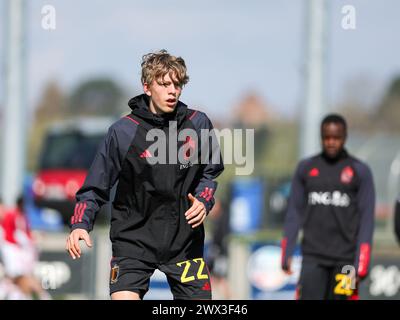 Tubize, Belgien. März 2024. Nicolas Verkooijen (22) aus Belgien vor einem Freundschaftsspiel zwischen den belgischen U18-Nationalmannschaften und Wales am Montag, den 25. März 2024 in Tubize, Belgien. Quelle: Sportpix/Alamy Live News Stockfoto