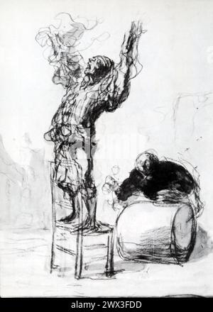 Eine Holzkohlezeichnung eines Clown von Honoré Daumier aus seinen Lebzeiten zwischen 1808 und 1879. Daumier, bekannt für seine kritischen und satirischen Darstellungen der Pariser Gesellschaft, galt als Meister der Erfassung des menschlichen Zustandes in seinen verschiedenen Formen, oft mit besonderem Fokus auf den unterrepräsentierten oder marginalisierten Figuren seiner Zeit. Stockfoto