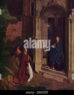 Jan van Eycks „die Verkündigung“ (um 1434): Dieses Gemälde befindet sich in der National Gallery of Art, Washington, D.C. und veranschaulicht den biblischen Moment, in dem der Engel Gabriel der Jungfrau Maria ankündigt, dass sie den Sohn Gottes gebären wird. Es spiegelt den Fokus der nördlichen Renaissance auf Naturalismus und akribische Liebe zum Detail wider, was es zu einem bedeutenden Stück für seine Zeit macht. Stockfoto