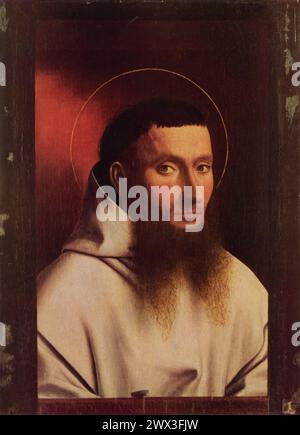 Petrus Christus' Portrait of a Carthusian (1446): Das im Metropolitan Museum of Art in New York untergebrachte Gemälde ist ein eindrucksvolles Beispiel für frühe niederländische Porträts. Es zeigt einen genau beobachteten Kartäusermönch. Dieses Stück zeichnet sich durch seinen Realismus und den einnehmenden direkten Blick des Mönchs aus und verkörpert die Fortschritte dieser Zeit in realistischer Darstellung. Stockfoto