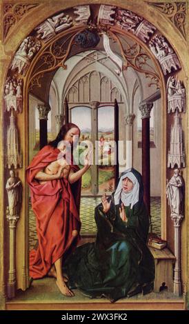 Rogier van der Weydens „Christus, der seiner Mutter erscheint“ (um 1440): Dieses Gemälde befindet sich im Metropolitan Museum of Art in New York und zeigt den ergreifenden Moment, in dem Christus sich Maria nach seiner Auferstehung offenbart. Das Werk wird für seine dramatische Komposition und die delikate Behandlung von Gesichtsausdrücken gefeiert, die den Fokus der Nördlichen Renaissance auf hingebungsvolle Bilder und die Tiefe menschlicher Emotionen verdeutlichen. Stockfoto