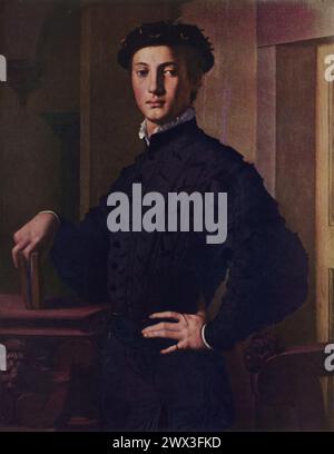 Agnolo Bronzinos „Portrait of a Young man“ (ca. 1530er Jahre): Dieses Gemälde zeigt einen elegant gekleideten jungen Mann, möglicherweise ein Mitglied der Florentiner Elite, der sich durch seine raffinierte Pose und die komplizierten Details seiner Kleidung auszeichnet. Stockfoto