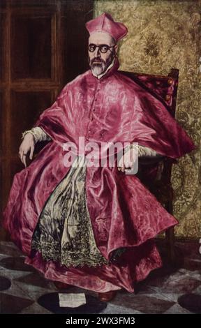 El Grecos „Kardinal Don Fernando Niño de Guevara“ (um 1600): Dieses Porträt befindet sich im Metropolitan Museum of Art, New York. Es zeigt die imposante Figur des Kardinals Guevara, die El Grecos unverwechselbaren Stil mit langen Formen und intensivem emotionalem Ausdruck zeigt. Es dient als gründliches Studium des Charakters und der Macht im spanischen Klerus der damaligen Zeit. Stockfoto