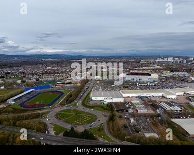 Cardiff, Großbritannien. März 2024. Luftaufnahme des Cardiff City Stadions und des Principality Stadions in Cardiff am 26. März 2024. Dieses Bild kann u. U. nicht Stockfoto