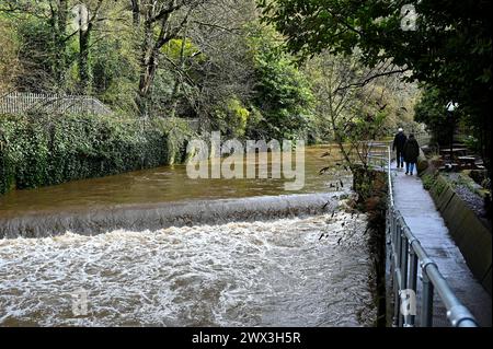 Edinburgh, Schottland, Großbritannien. März 2024. Überschwemmung um das Wasser von Leith nach starken Regenfällen über Nacht bis in den frühen Nachmittag, schließlich durch Sonnenschein und einige Duschen. Fußgänger auf dem Wasser des Leith Gehwegs nach den Regengüssen. Quelle: Craig Brown/Alamy Live News Stockfoto