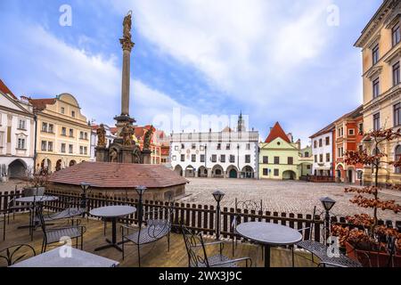 Cesky Krumlov Hauptplatz malerische Architektur Blick, Südböhmische Region der Tschechischen Republik Stockfoto