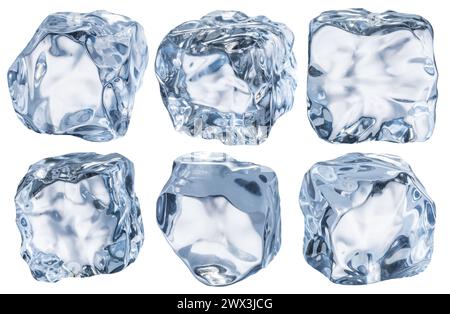 Set mit sechs perfekten Eiswürfeln. Datei enthält Beschneidungspfade. Stockfoto