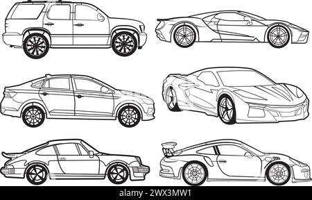 Silhouettenwagen auf weißem Hintergrund mit 300 dpi, EPS, ideal für Laserschneiden und Drucken Stock Vektor