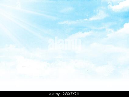 Blauer Himmel mit Morgensonne, Aquarellillustration, handgezeichneter Hintergrund Stockfoto