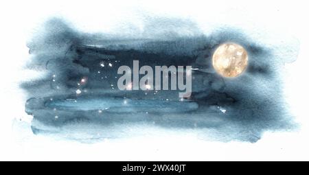 Vollmond am dunklen Nachthimmel. Handgezeichnete Aquarellillustration isoliert auf weißem Hintergrund Stockfoto