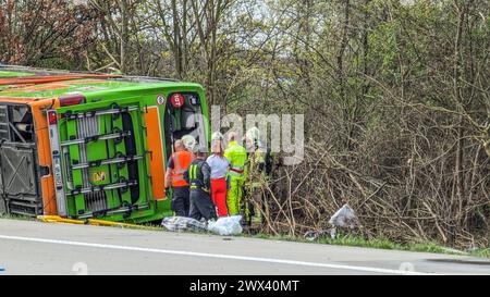 Heute Morgen kam es zu einem schweren Verkehrsunfall auf der Bundesautobahn 9. Ein Reisebus FlixBus, der mit über 50 Insassen besetzt auf dem Weg nach Zürich war, fuhr auf der Bundesautobahn 9 in Richtung München. Kurz vor dem Schkeuditzer Kreuz kam der Bus aus bislang unklarer Ursache nach rechts von der Fahrbahn ab und kippte in der angrenzenden Böschung zur Seite. Durch den Verkehrsunfall werden zahlreiche Insassen des Busses verletzt. Mehrere Personen erlagen ihren schwersten Verletzungen noch an der Unfallstelle. Etwa zwanzig Personen wurden verletzt und müssen zum Teil mit schweren Verl Stockfoto