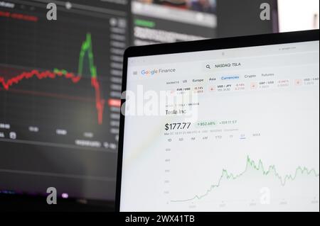 New York, USA - 27. März 2024: Tesla Aktienkurs bei google Finance im Online-Dienst für Laptopbildschirme Stockfoto