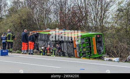 Heute Morgen kam es zu einem schweren Verkehrsunfall auf der Bundesautobahn 9. Ein Reisebus FlixBus, der mit über 50 Insassen besetzt auf dem Weg nach Zürich war, fuhr auf der Bundesautobahn 9 in Richtung München. Kurz vor dem Schkeuditzer Kreuz kam der Bus aus bislang unklarer Ursache nach rechts von der Fahrbahn ab und kippte in der angrenzenden Böschung zur Seite. Durch den Verkehrsunfall werden zahlreiche Insassen des Busses verletzt. Mehrere Personen erlagen ihren schwersten Verletzungen noch an der Unfallstelle. Etwa zwanzig Personen wurden verletzt und müssen zum Teil mit schweren Verl Stockfoto