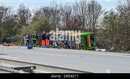 Heute Morgen kam es zu einem schweren Verkehrsunfall auf der Bundesautobahn 9. Ein Reisebus FlixBus, der mit über 50 Insassen besetzt auf dem Weg nach Zürich war, fuhr auf der Bundesautobahn 9 in Richtung München. Kurz vor dem Schkeuditzer Kreuz kam der Bus aus bislang unklarer Ursache nach rechts von der Fahrbahn ab und kippte in der angrenzenden Böschung zur Seite. Durch den Verkehrsunfall werden zahlreiche Insassen des Busses verletzt. Mehrere Personen erlagen ihren schwersten Verletzungen noch an der Unfallstelle. Etwa zwanzig Personen wurden verletzt und müssen zum Teil mit schweren Verl Stockfoto