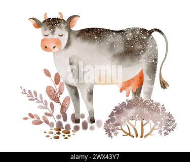 Niedliches Bauernhoftier. Aquarellillustration einer Karikaturkuh. Viehzucht. Poster für Kindervieh. Kalb, Stier, lustige Zeichnung. Stockfoto