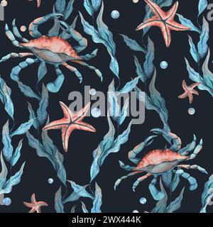 Unterwasserwelt Clipart mit Meerestieren Wal, Schildkröte, Kraken, Seestern, Seesternen, Muscheln, Korallen und Algen. Handgezeichnete Aquarellillustration Stockfoto