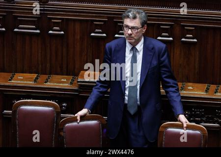 Roma, Italien. März 2024. IL ministro dell'Economia Giancarlo Giorgetti alla Camera dei deputati durante il Fragestunde. Roma, Mercoled&#xec;, 27. märz 2024 (Foto Roberto Monaldo/LaPresse) Wirtschaftsminister Giancarlo Giorgetti in der Abgeordnetenkammer während der Fragestunde. Rom, Mittwoch, 27. März 2024 (Foto: Roberto Monaldo/LaPresse) Credit: LaPresse/Alamy Live News Stockfoto