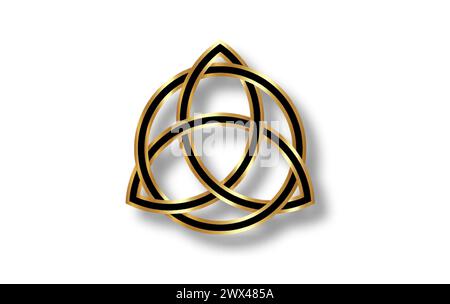 Geometrisches Triquetra-Logo, goldener Dreifaltigkeitsknoten, Wiccan-Symbol zum Schutz. Vektor-goldener und schwarzer keltischer Knoten isoliert auf weißem Hintergrund. Wicca Stock Vektor