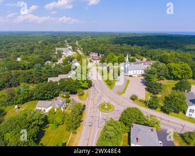 Rye historisches Stadtzentrum aus der Vogelperspektive einschließlich Town Hall, Congregational Church an der Central Road und Washington Road in der Stadt Rye, New Hampshire NH, Stockfoto