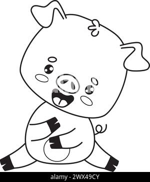 Süßes glückliches Schwein. Gestalte das Zeichentricktier. Linienzeichnung, Malbuch. Vektorabbildung. Kinderkollektion Stock Vektor