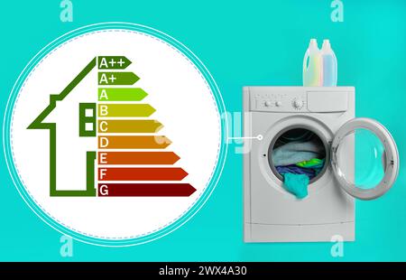 Energieeffizienzetikett und Waschmaschine mit Wäsche auf türkisfarbenem Hintergrund Stockfoto