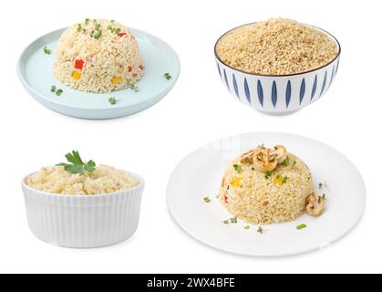 Frischer und ungekochter Bulgur isoliert auf weiß, Set Stockfoto