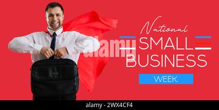 Banner für die National Small Business Week mit einem jungen Superhelden-Geschäftsmann in der Aktentasche Stockfoto