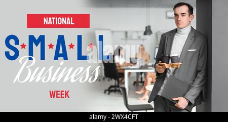 Banner für die National Small Business Week mit jungen Geschäftsleuten beim Treffen im Büro Stockfoto