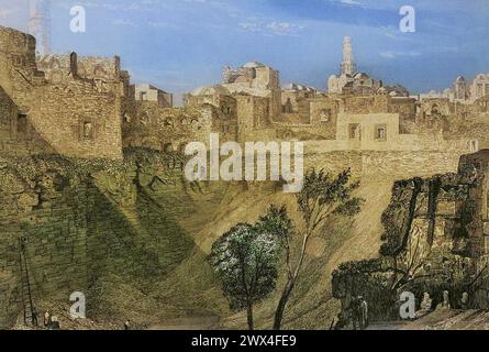 Jerusalem. Blick vom Stephanstor, traditionell bekannt als der Pool von Bethesda. Stich von Emile Rouargue. Spätere Färbung. "La Tierra Santa y los lugares recorridos por los profetas, por los apóstoles y por los cruzados" (das Heilige Land und die von den Propheten, den Aposteln und den Kreuzfahrern durchquerten Stätten). Veröffentlicht in Barcelona von der Druckerei Joaquin Verdaguer, 1840. Stockfoto