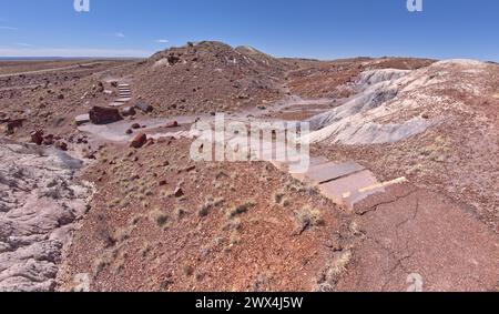 Die Schritte des Giant Logs Trail schlängeln sich um einen Hügel hinter dem Rainbow Forest Museum im Petrified Forest National Park Arizona. Stockfoto