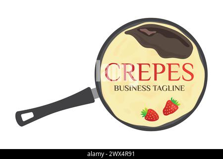 Crepes oder Pancakes in Crepe Pan Logo mit Erdbeeren Stock Vektor