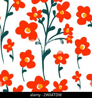 Nahtloses Muster aus einfachen, süßen Wiesenblumen. Rote einfache Blumen. Kindliches nahtloses Muster. Handzeichnung. Nicht AI, Vektorillustration Stock Vektor