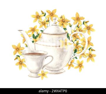 Aquarellkomposition aus Teekanne und Becher, mit gelben Tutsan-Blüten. Die Abbildung ist handgezeichnet auf einem isolierten Hintergrund. Zeichnung für Menüs Stockfoto