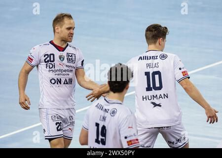 Zagreb, Kroatien. März 2024. ZAGREB, KROATIEN - 27. MÄRZ: Stas Skube von Montpellier HB reagierte während des Play-off-Spiels der EHF Champions League Männer 2023/24 zwischen dem HC Zagreb und Montpellier HB in der Arena Zagreb am 27. März 2024 in Zagreb. Foto: Luka Stanzl/PIXSELL Credit: Pixsell/Alamy Live News Stockfoto