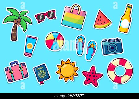 Ein Set mit Stickern mit Elementen für den Sommerurlaub. Accessoires für einen Urlaub am Meer. Vektorabbildung. Stock Vektor