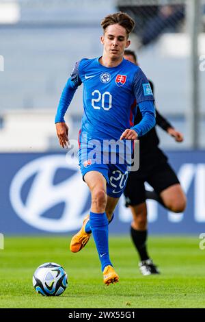 San Juan, Argentinien. Mai 2023. Der slowakische Estadio San Juan Mario sauer spielt mit dem Ball beim Spiel der FIFA U-20-Weltmeisterschaft Argentinien 2023 Gruppe B zwischen der Slowakei und den USA im Estadio San Juan del Bicentenario am 26. Mai 2023 in San Juan, Argentinien. (Foto von Sports Press Photo) (Eurasia Sport Images/SPP) Credit: SPP Sport Press Photo. /Alamy Live News Stockfoto