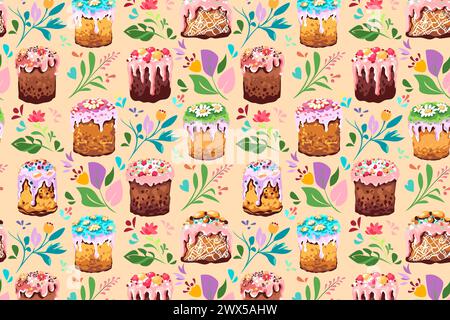 „Happy Happy Easter“ nahtloses Muster. Vektorset mit traditionellen Osterkuchen Stock Vektor