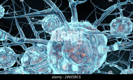 3D-Rendering von Neuronen oder Nervenzellen ist eine elektrisch erregbare Zelle. Es kommuniziert mit anderen Zellen über Synapsen Stockfoto