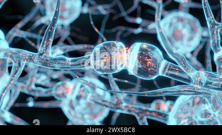 3D-Rendering von Neuronen oder Nervenzellen ist eine elektrisch erregbare Zelle. Es kommuniziert mit anderen Zellen über Synapsen Stockfoto