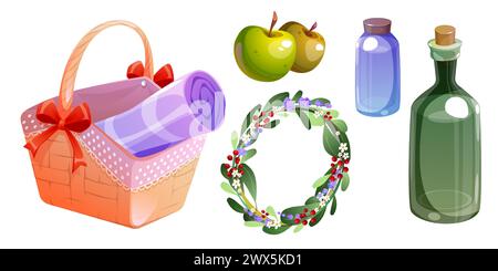 Niedliches Set für Picknicks im Stadtpark im Freien mit gerollter Decke im Korb, Speisen und Getränken, Blumenkranz. Zeichentrickvektor Illustration Set von Abendessen Essen und Snacks - Flasche mit Getränk und Äpfeln. Stock Vektor