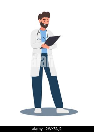 Arzt schreibt ärztliche Verschreibung. Mann in Uniform mit Klemmbrett mit Rezept für Patienten. Gesundheits-, Behandlungs- und Pharmazie-Konzept. Vektor Stock Vektor